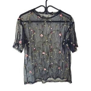 Black sheer top with floral embroidery